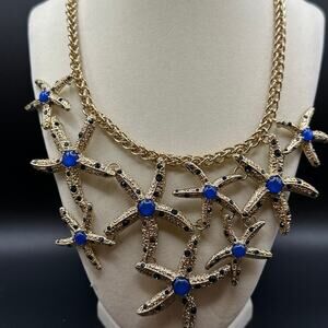 Stunning Gold Starfish Necklace with Blue Accents Bib Style 16" Costume Jewelry